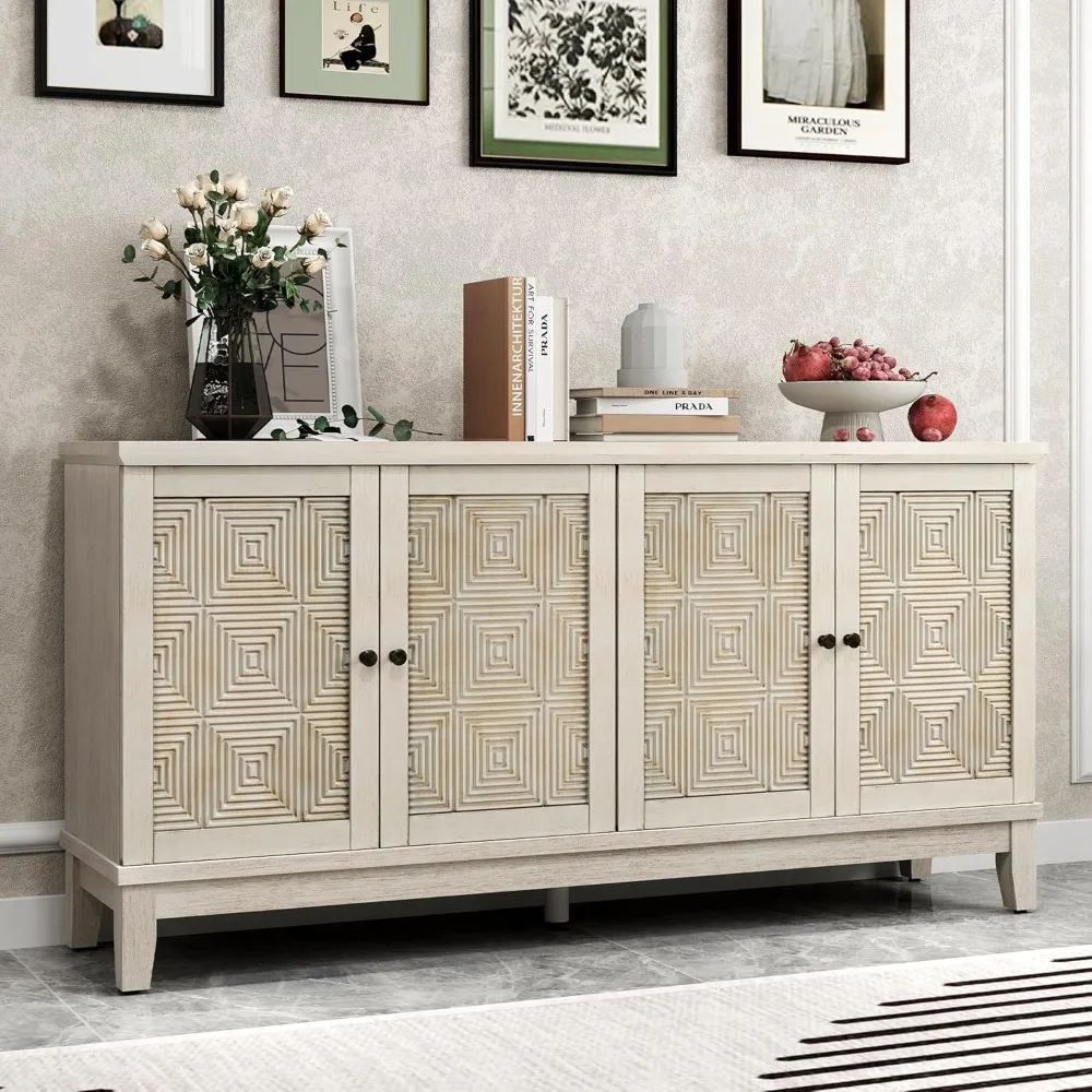 

Buffet Cabinet with Storage, Distressed Storage Cabinet with 4 Carved Doors and Adjustable Shelf, Farmhouse Style Sideboard for
