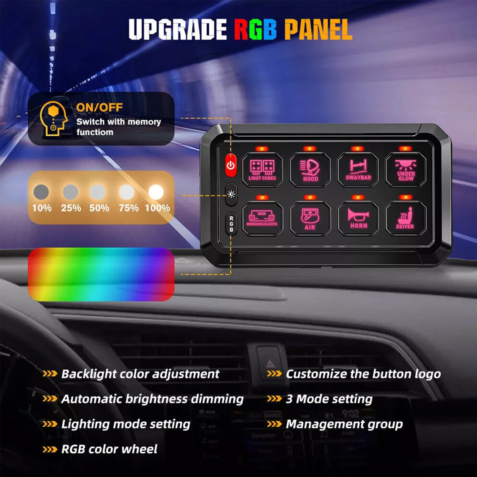 

8 Gang Switch Panel APP Control RGB Dimmable Switch Panel Electronic Relay System for Car ATV SUV UTV Truck Marine