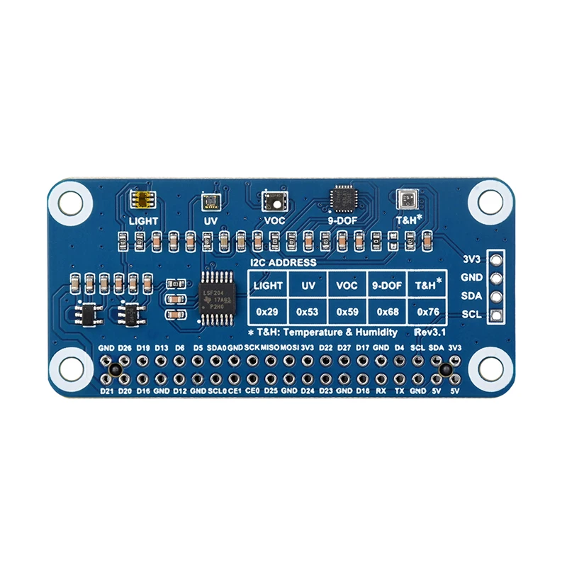 Environment Sensor HAT for Raspberry Pi,I2C Bus,onboard resources including ambient light sensor,VOC sensor,IR/UV