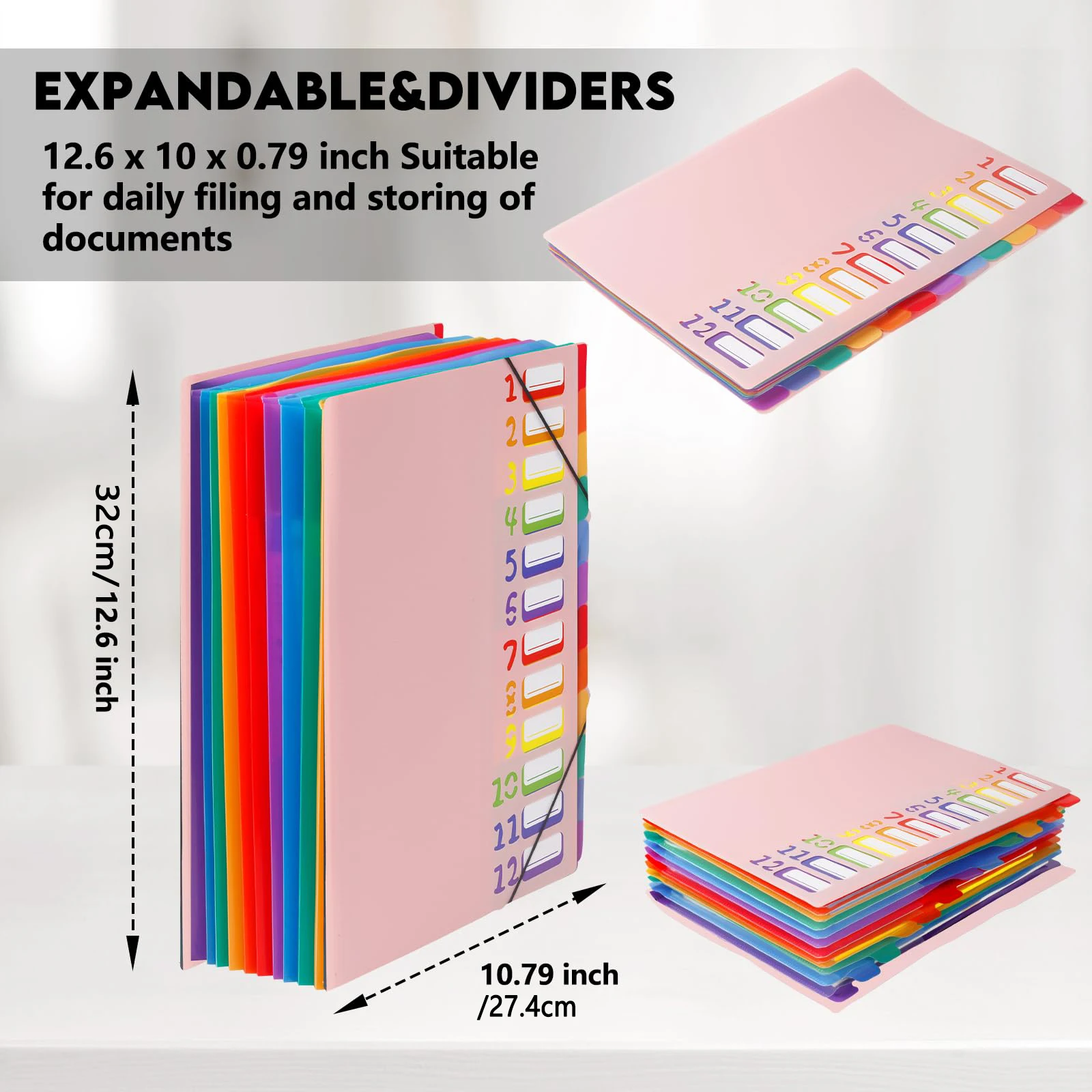 12 Pocket Expanding Project Sorter Heavy Duty Monthly Plastic Expandable Folder Organizer, A4 Letter Size, Multicolor