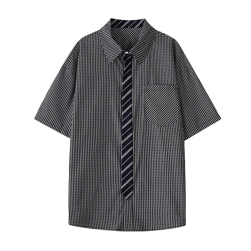 

2026 New Fake Tie American Plaid Short Sleeve Shirt for Men's Summer Thin Plaid Sunscreen Lapel Shirt Thin Jacket Shirt Top