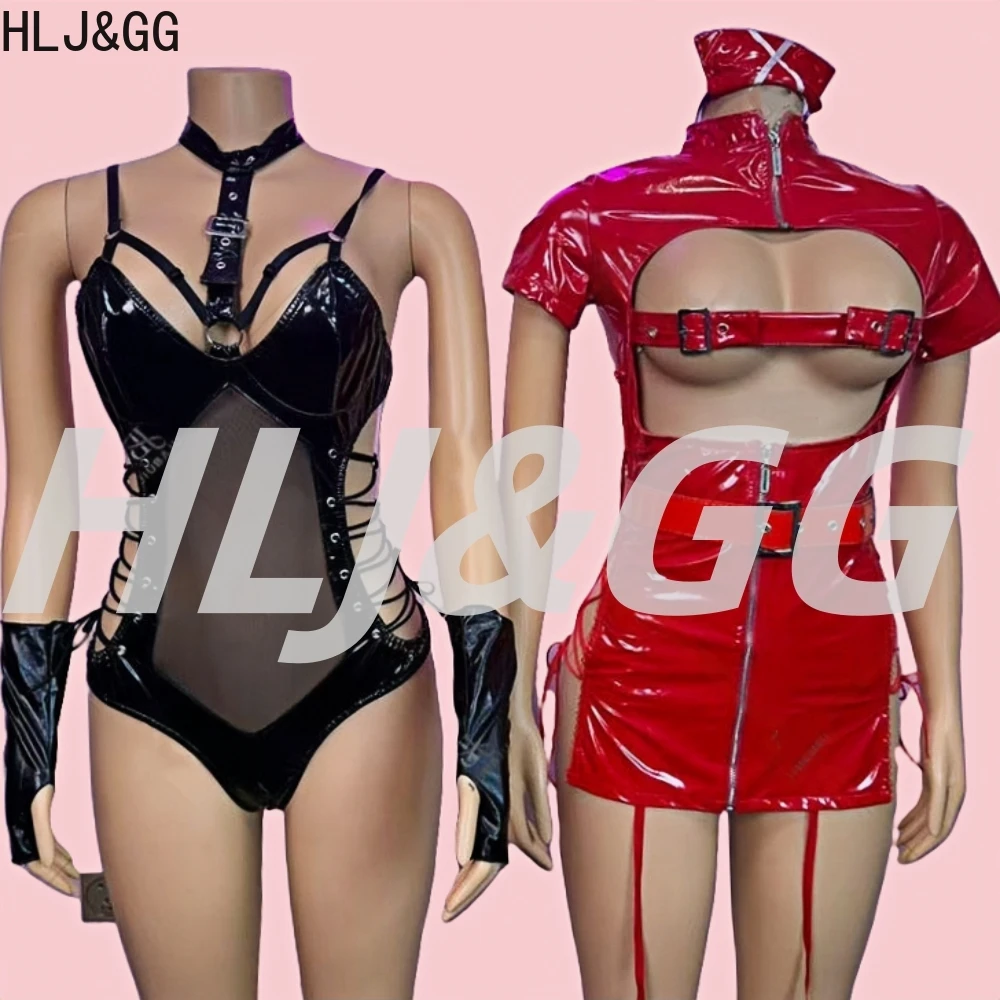 

HLJ&GG Black Sexy Girl Cosplay Costumes Halloween Party Bodysuits Suit Leather Hollow See Though Club Erotic Roleplay Lingerie