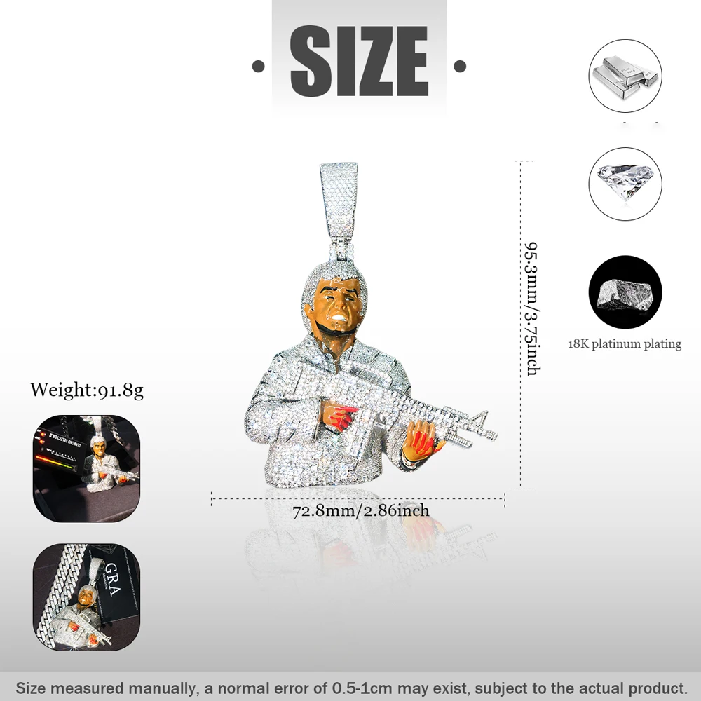 18K Gold Electroplated Cuban Chain Hip Hop Necklace Bling Character Jewelry For Male Rappers Street Bold Iced Out Man with Gun Pendant Micro Pave Cubic Zirconia Enamel Bloody Hand Gun Figure 3D Icy Pendants Fine Jewelry Gifts for Men Boy Friends Charms