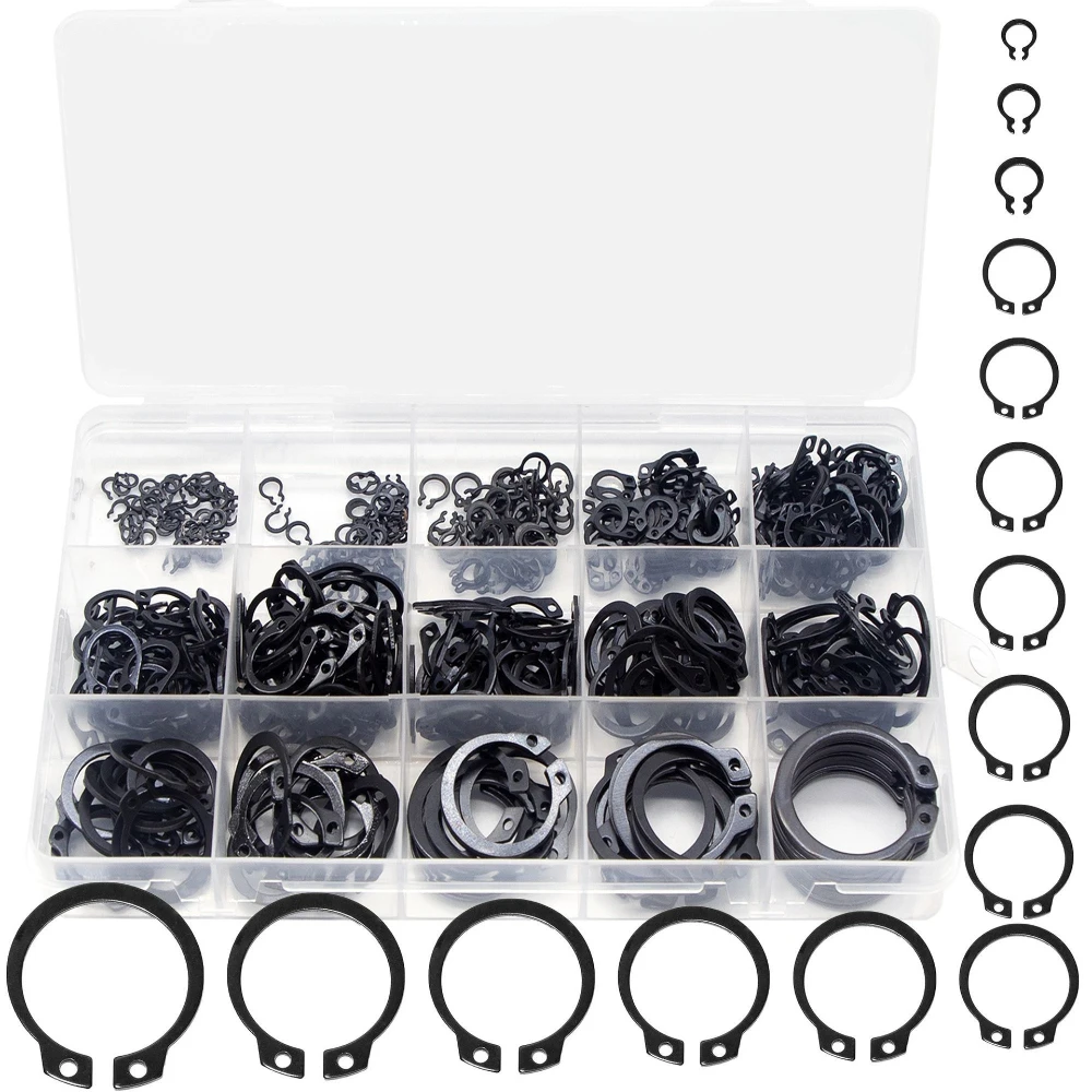 225pcs Shaft Black Retaining Ring M3-M25 Shaft Retaining Ring 65 Manganese Steel C-type Outer Retaining Ring Washers Fasteners