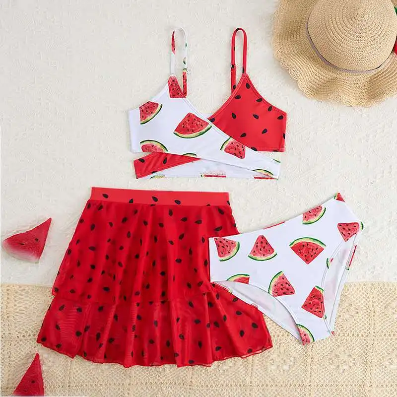 Girls 3pack Watermelon Print High Waist Bikini Kids Swimsuit 7-12 Years Children's Swimwear 2025 Teens Bathing Suit Beach Wear