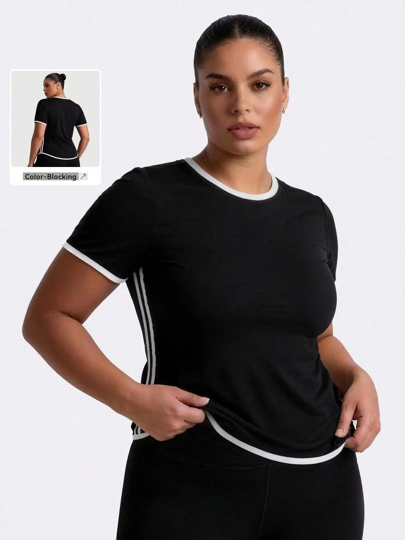 Women Plus Size Contrast Trim Sports T-Shirt Side Stripes Workout Top Breathable Short Sleeve Casual Gym Fitness Tee