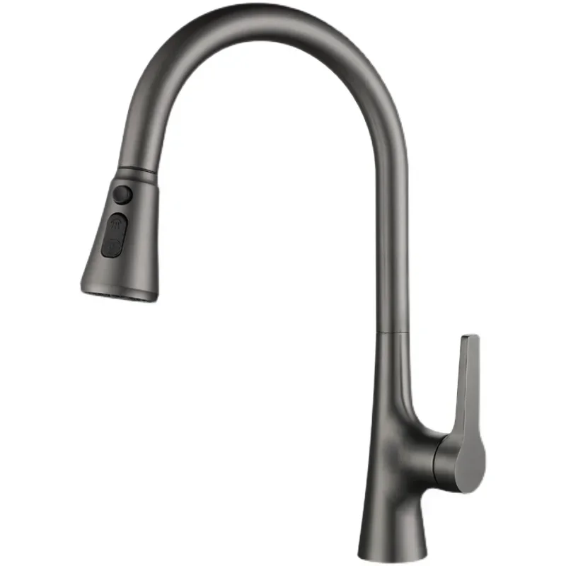 Three Outlet Mode Kitchen Faucets Brushed Nickel Kitchen Sinks Single Handle Pull Out Mixer Hot and Cold Water 360 Rotation Grey