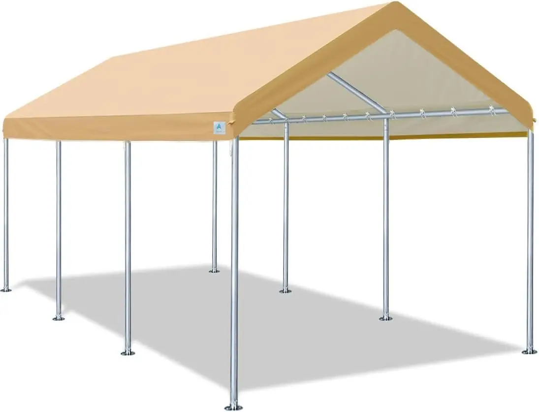 10x20ft Heavy Duty Carport Potable Car Canopy Garage Party Tent Boat Shelter Adjustable Height from 9.5 ft to 11 ft Beige