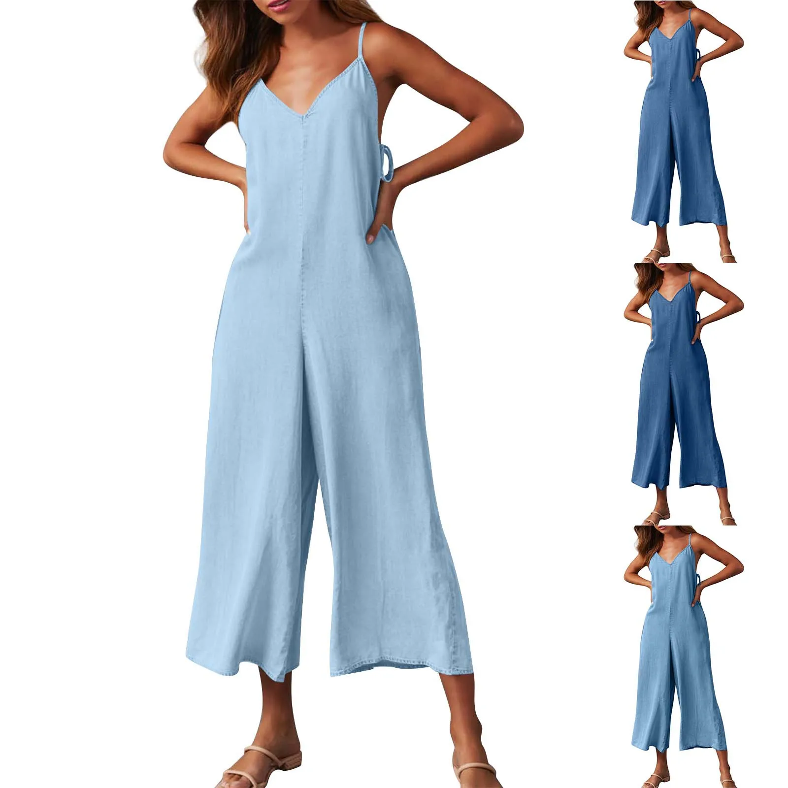 Women's V Neck Elegant Jumpsuit Summer Women Slim Sleeveless Romper 2024 Summer Sexy Wide Leg Overalls Fashion Jumpsuit