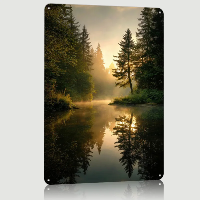 Sunrise Misty Forest Lake Poster Custom Wall Art Vintage Metal Signs Retro Tin Plaque for Man Cave Bedroom Decoration Gaming