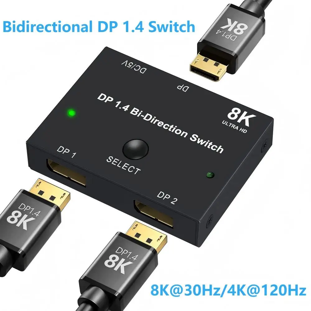 

Переключатель DisplayPort 8K Разветвитель Двунаправленный переключатель DP 1.4 2 в 1 выход/1 в 2 выхода 8K при 30 Гц/4K при 120 Гц для ПК Хост-монитора ноутбука и т. д.