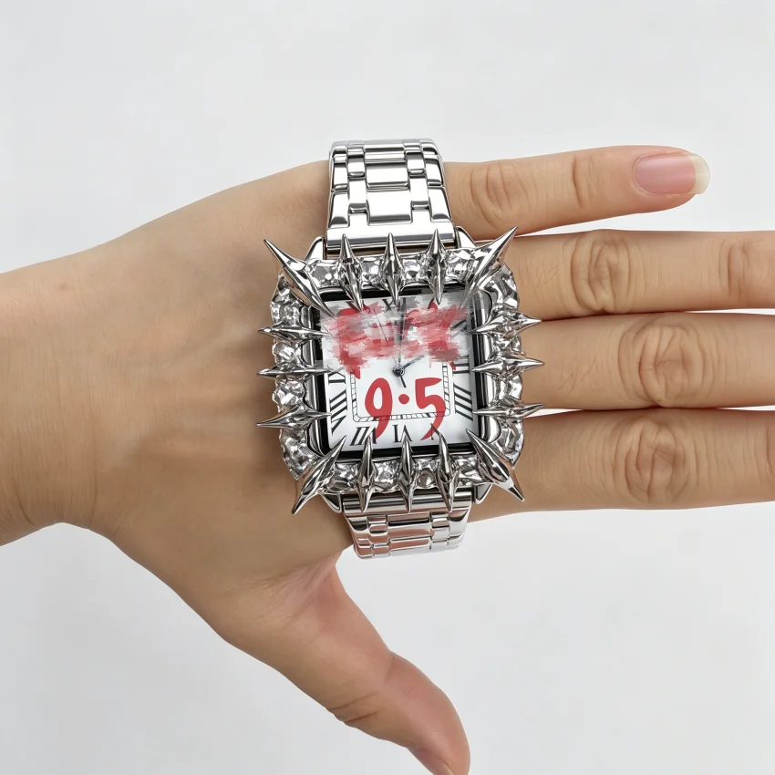 Futuristic Punk Men's Watch Spiky Thorn Bezel 9-5 Work Slogan Square Luxury Quartz Watch Gothic Hip Hop Watch for Men 2026