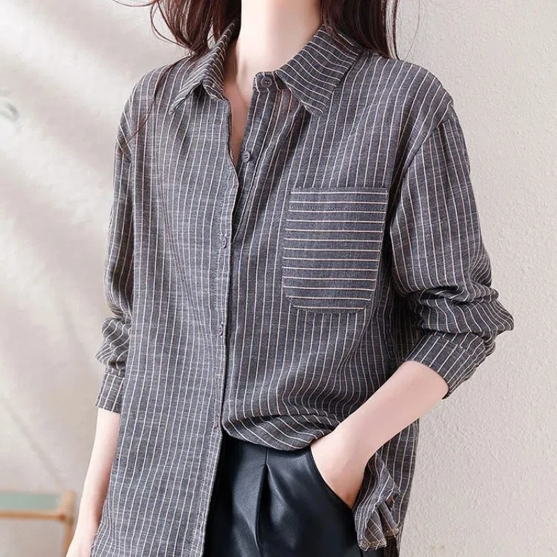 

Retro Striped Women's Autumn 2024 New Patchwork Polo Collar Button Fashion Loose Pocket Minimalist Casual Long Sleeved Shirts