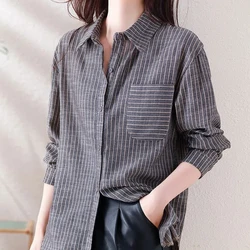 Retro Striped Women's Autumn 2024 New Patchwork Polo Collar Button Fashion Loose Pocket Minimalist Casual Long Sleeved Shirts