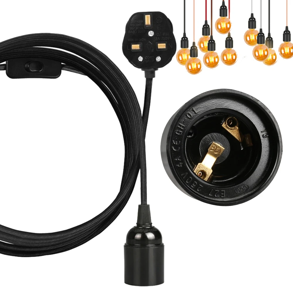 E27 Lamp Holder Suspended Pendant Light Fitting Kit 2 Core Pendant Light Ceiling Lighting Fitting Cable Plug with On/Off Switch