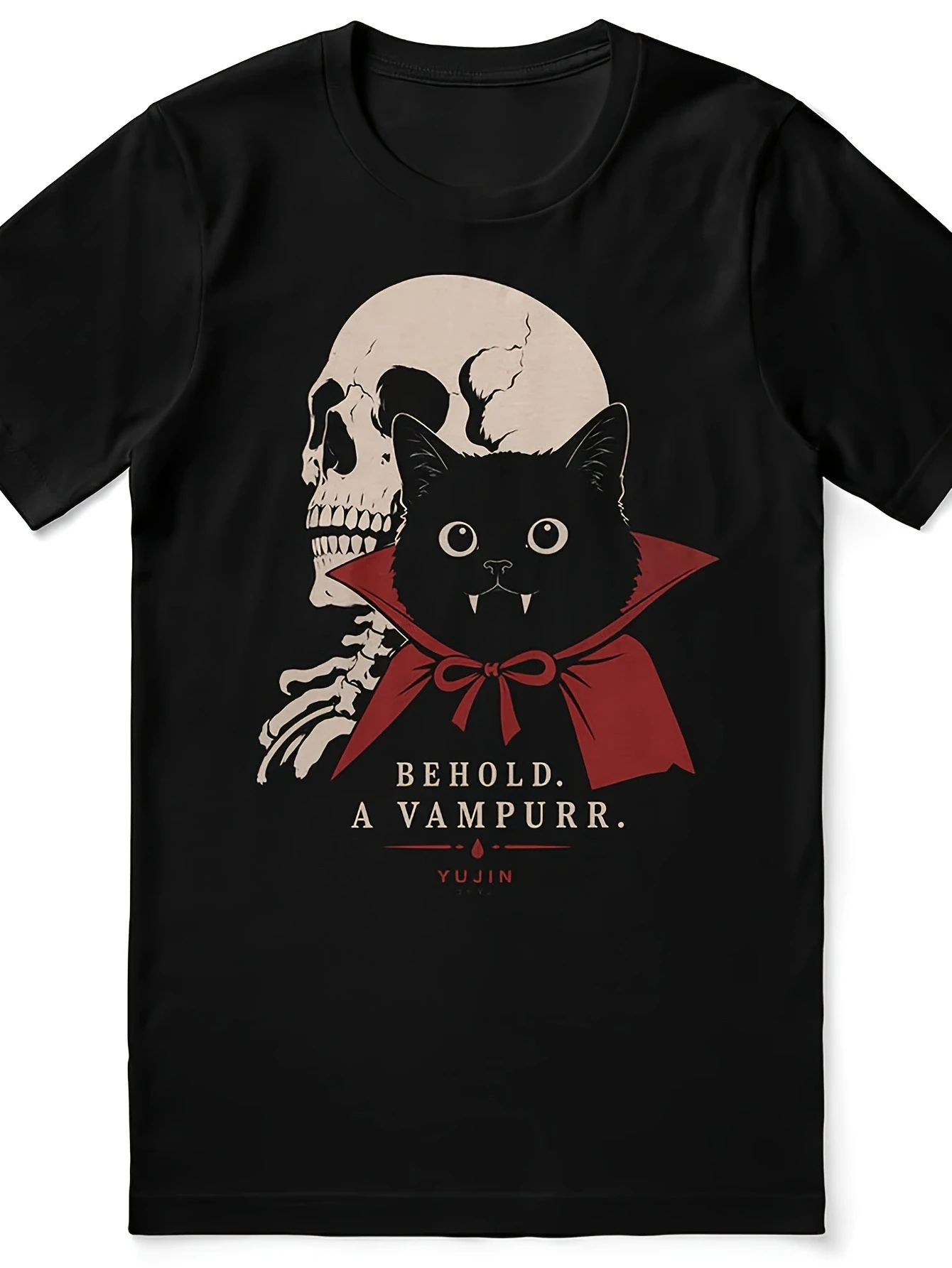 Behold A Vampurr Cat Halloween Vampire Feline Graphic Tee Suitable for Cat Loving Vampire Fans Casual Outings Black Crew Neck