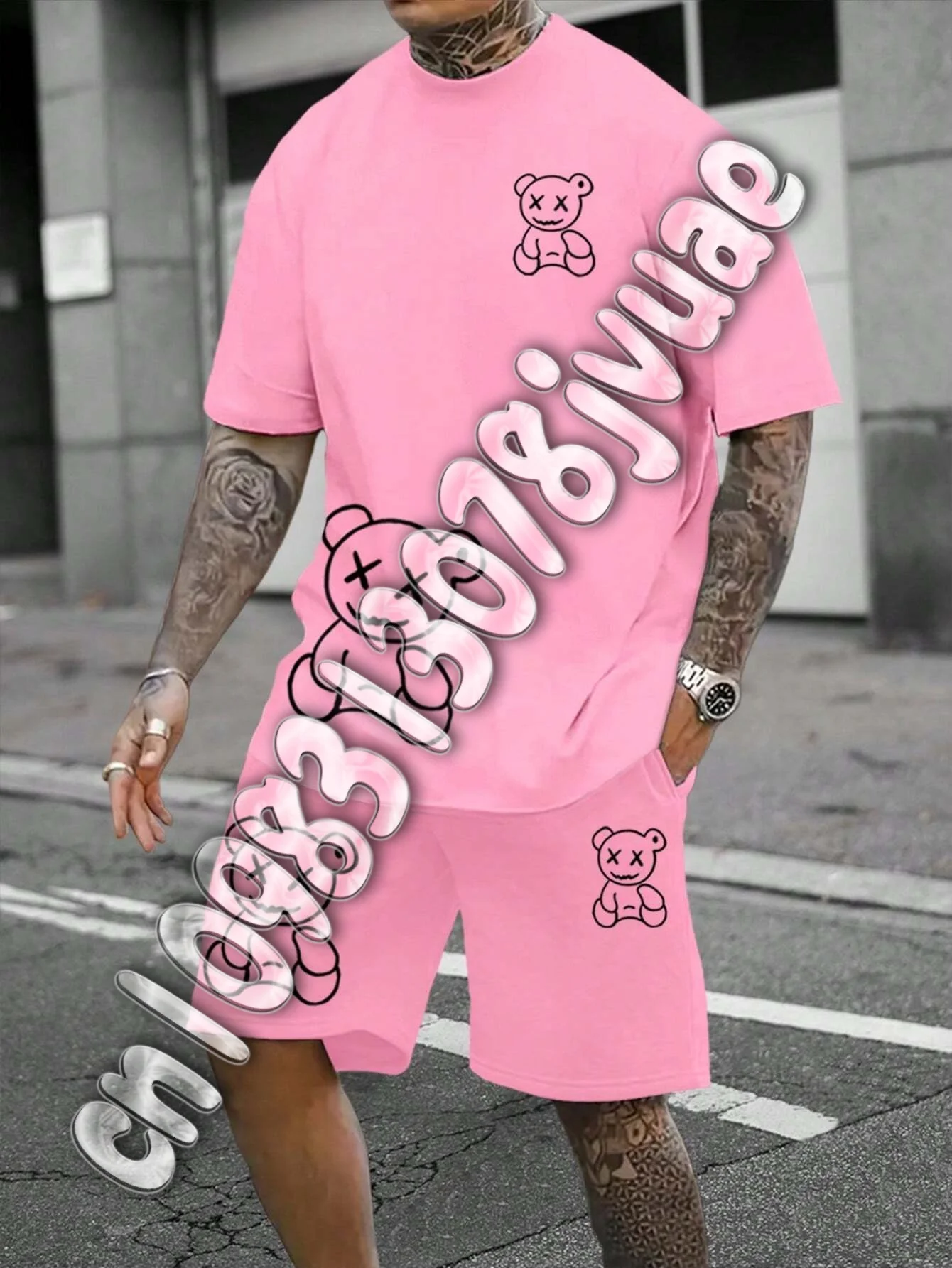 

Adults and Children 2025 Fun Bear Harajuku T-Shirt Loose Daily Couple Suit Outdoor Street Short Sleeve Shorts Two Piece Suit