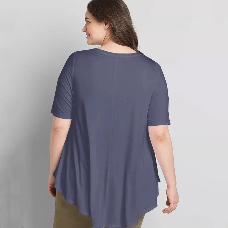 Plus Size V-neck Summer Casual Hi Low Tunic Tops Women Short Sleeve Solid Purple Loose Fit Flare Basic Swing Blouse And Top 7XL