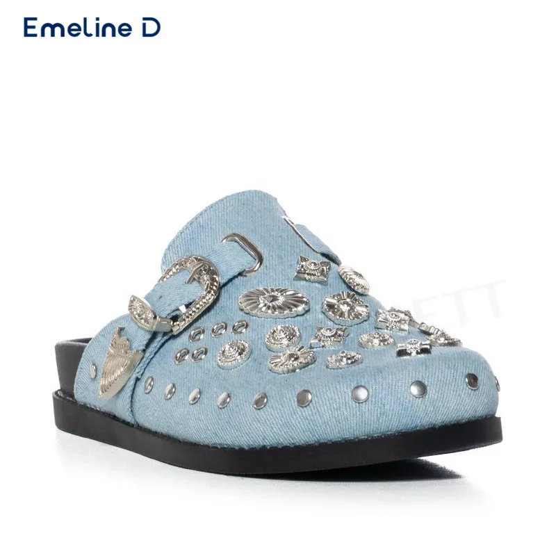 

Hardware Studded Casual Slippers Blue Denim Belt Buckle Slip-On Slippers Fashion Designer Personality Large Size Women's Shoes