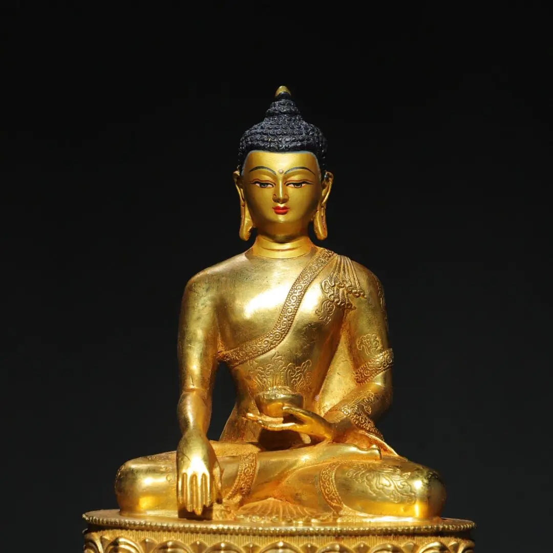 Antique Gilded Copper Shakyamuni Buddha Statue Aged Finish Home Temple Worship Desktop Decor