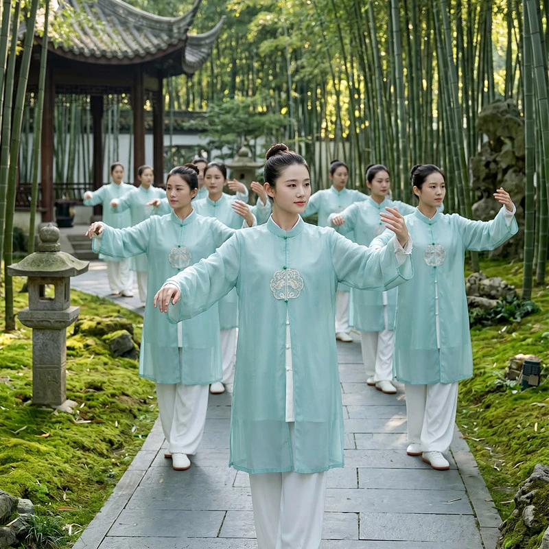 Premium Women's Summer 2026 New Lightweight Breathable Embroidered Mid-length Organza Tai Chi Practice Uniform 3-Piece Set