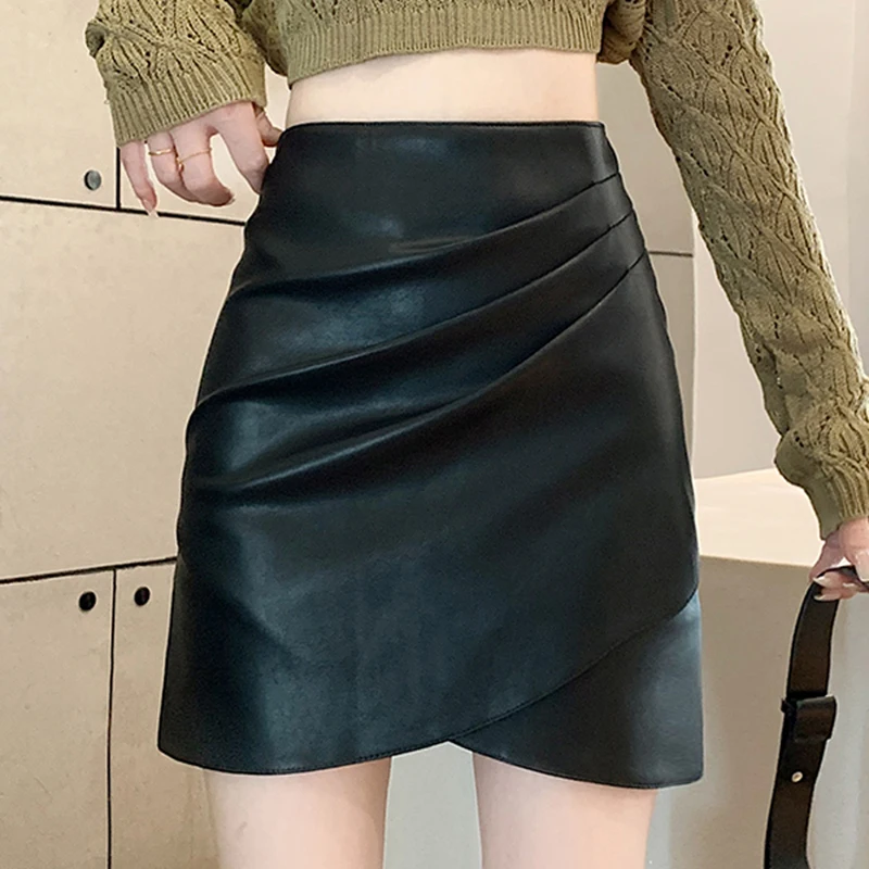 

Black Irregularity Pu Leather Skirts For Women Spring Autumn High Waist A-line Mini Skirt Sexy Female Pleated Skirts Streetwear