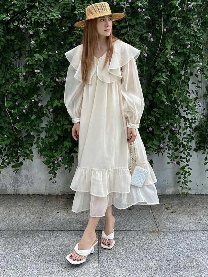 Oymimi Fashion Czarna Luźna Sukienka Damska Elegancka Sukienka z Falbankami Dekolt V Rękawki z Guzikami Jesienna Nowa Plisowana Sukienka do Połowy Łydki