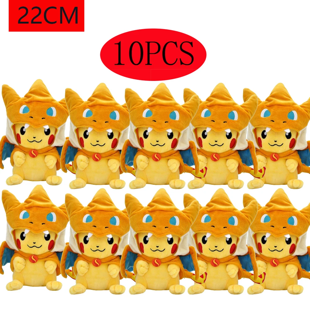 10 Uds gran oferta Pokemon Pikachu Cosplay juguete Charizard Snorlax Garchomp Tyranitar Hydreigon Anime Eevee Lapras muñeco de peluche