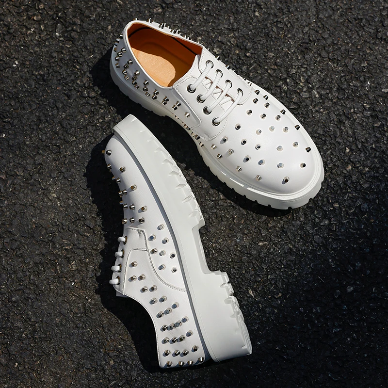 Men Fashion Metal Rivet Height Boost Platform Shoes Non Slip Thick Sole Lace Up Casual Dress Leather Shoes For Party Wedding