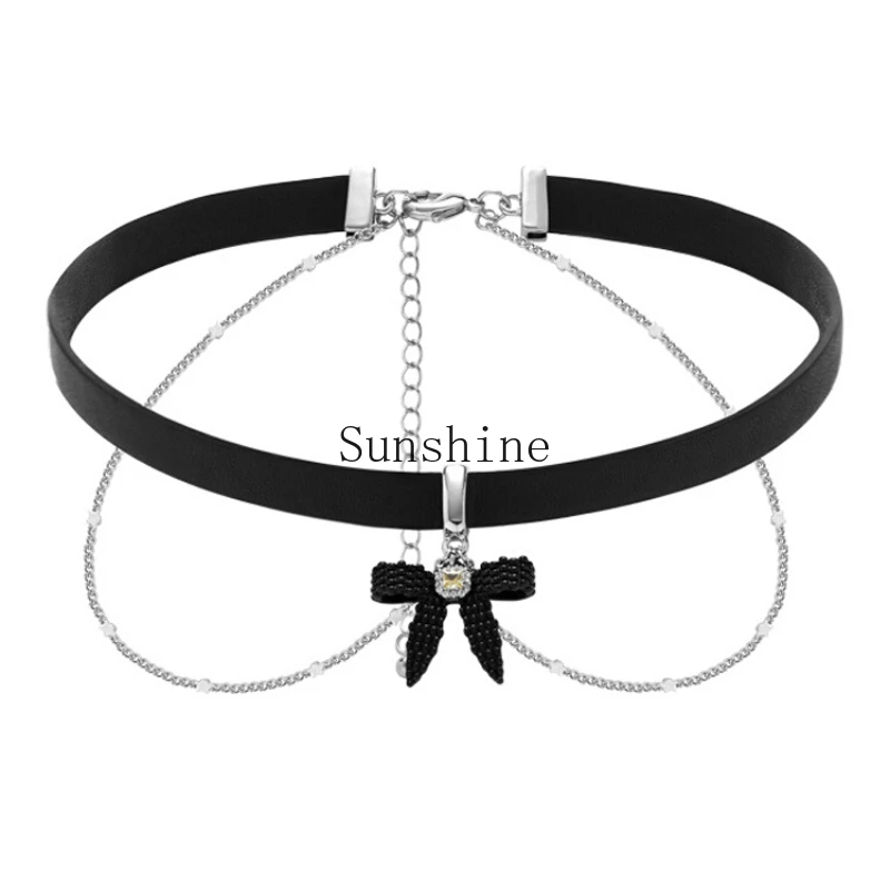 

Black bow necklace sweet cool double layer stacked collar collar with collarbone chain c