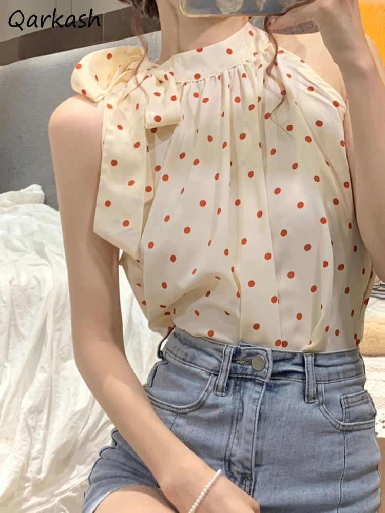 

Блузка женская в горошек без рукавов, элегантная Милая винтажная модная повседневная рубашка в стиле Харадзюку, лето 2022