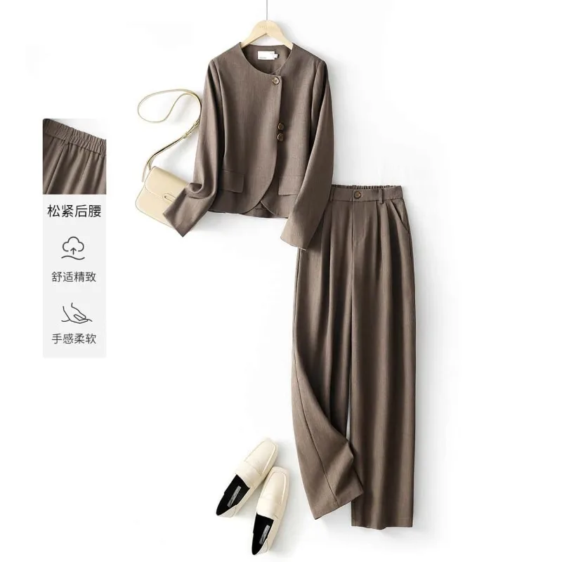 

Новый китайский дизайн, модный женский костюм, осенний элегантный жакет с круглым вырезом и длинными рукавами, пальто + широкие брюки, однотонный комплект из двух предметов