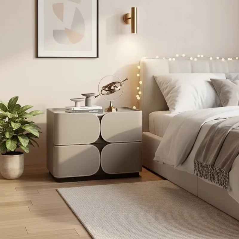 Modern Clover Bedroom Bedside Table Multi-layer Solid Wood Frame Two-layer Drawer Saddle Leather Bottom Buffer Guide