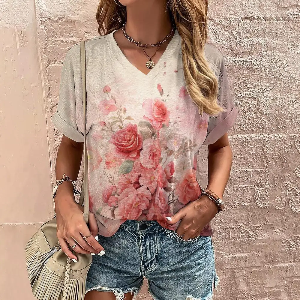 

3D Print Flower Graphic Women's T-Shirt Summer Outdoor Casual Fashion V-Neck Short Sleeve Tees Loose Daily Quick Dry Girl's Tops