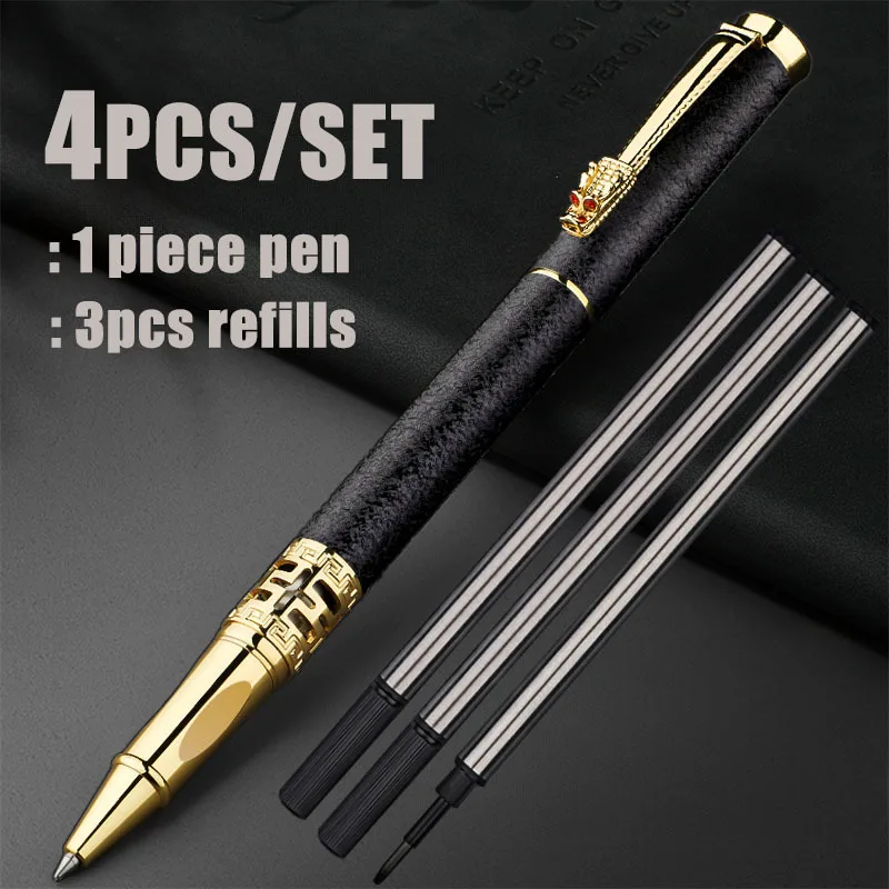 

4pcs/set Elegant Golden Dragon Head Ballpoint Pen Golden/silvery/black 0.5mm Black Ink Metallic Pen for Business Teacher Gifts
