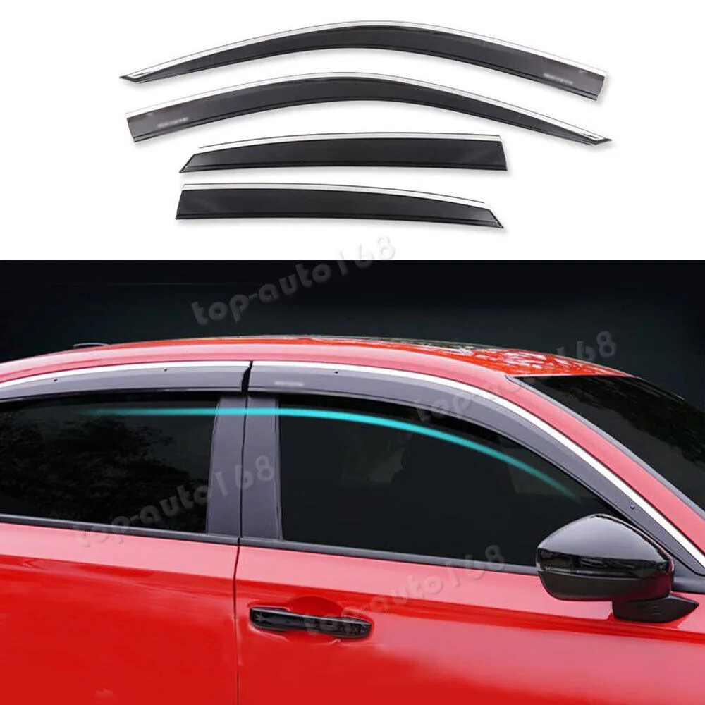 Black /Chrome Window Visor Vent Shades Sun Rain Guard For Honda Civic Sedan 2022