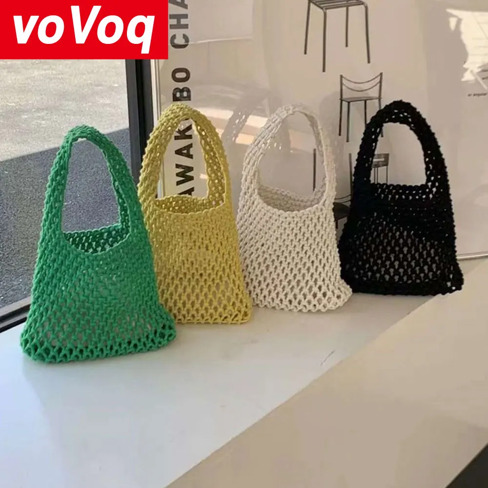 

Korean Hollowed Out Mesh Bag, Hand-held Bag, Hand Woven Cotton Rope, Fashionable Beach Vacation Handbag for Women