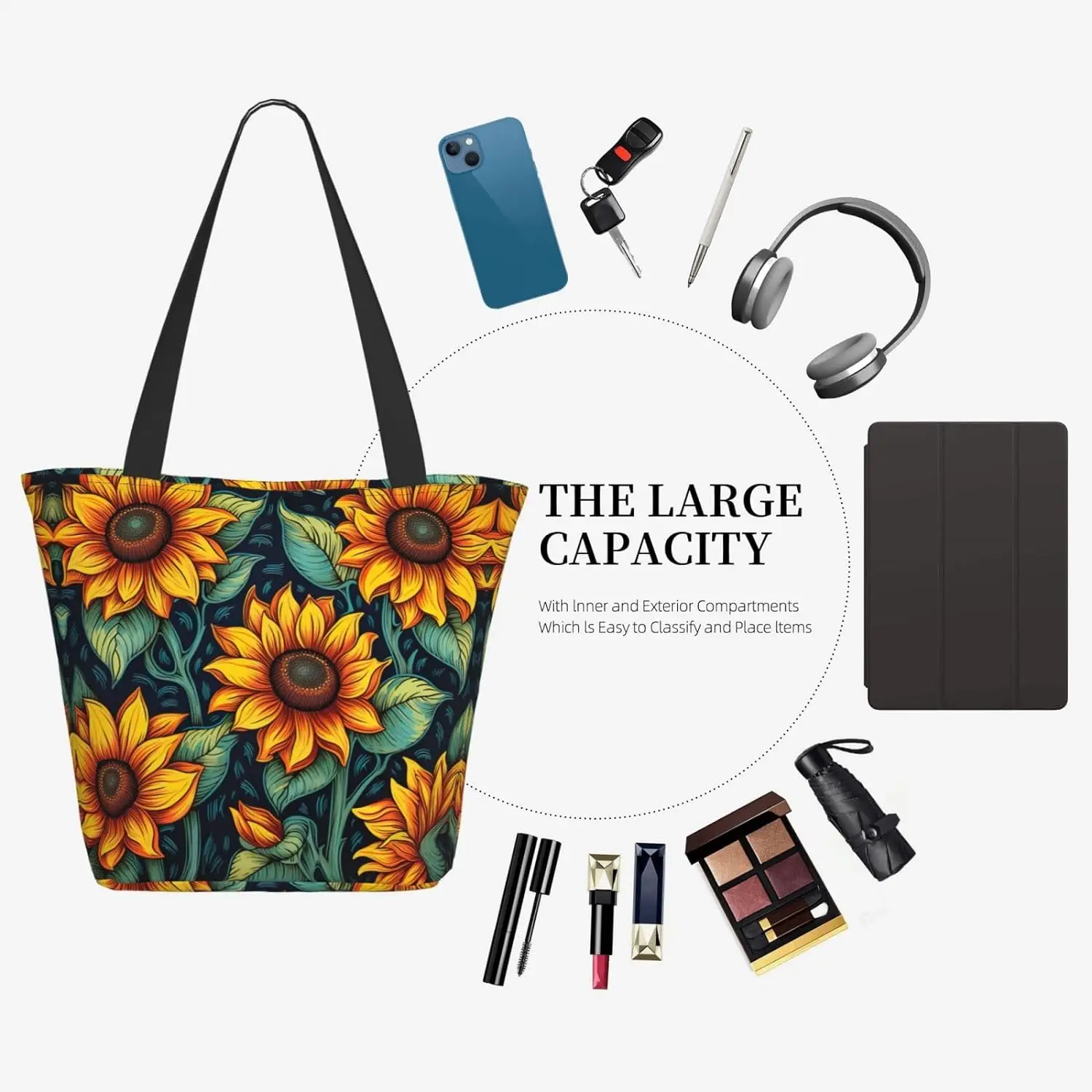 Borsa Tote con fiori retrò girasoli primaverili con cerniera per donna all'interno della tasca a rete spalla in tessuto Anti-acqua Casual resistente