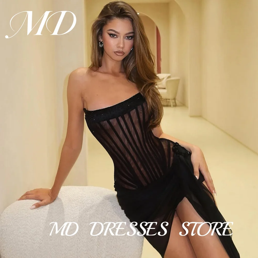 

MD 2025 Black Sexy Short A-line Evening Gown Strapless Perspective Cocktail Dress Pleat Prom Gown vestidos de fiesta customised