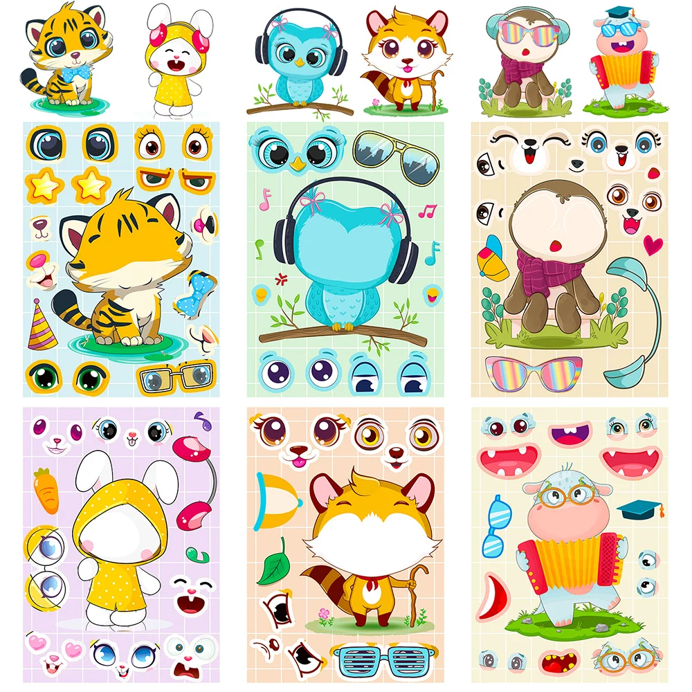 

6/12Sheets DIY Animals Puzzle Stickers Cute Tiger Rabbit Children Funny Game Kids Jigsaw Educational Toys Reward Party Favors