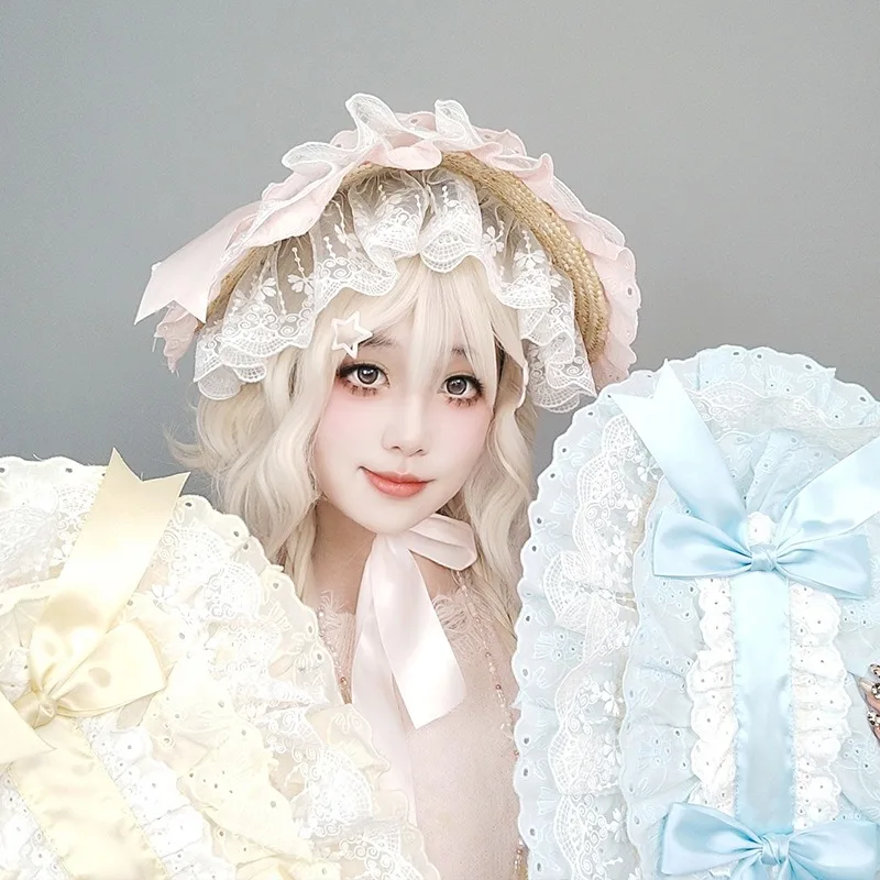 

Elegant Straw Sun Hat for Women Garden Party Traditional Lace Bowknot Bonnet Hat for Theme Party Costume Accessories