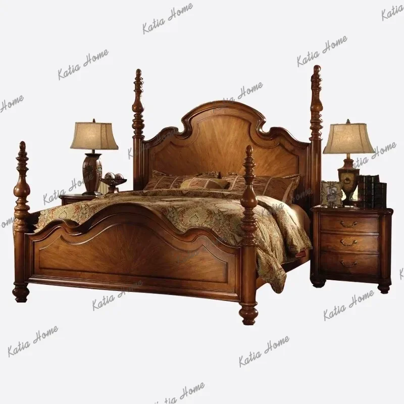 Factory Direct Nordic Unique Retro Bed House Brown Designs Modern King Size Bed Bedroom Double Headboards Camas De Dormitorio Ho