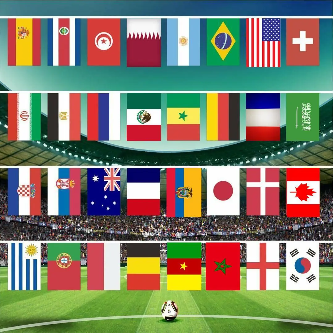 

32 countries Flags 8M 32Pcs 14x21cm 20x30cm Bunting National String Flags Banner Football Stadium Club Decoration Flag Bunting