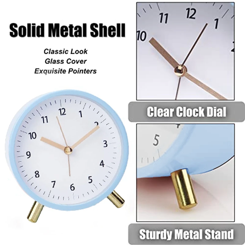 ●Alarm Clock 4.5Inch Bedside Analog Alarm Clock for Bedroom Battery Operated Round Clock with Backlight, Blue