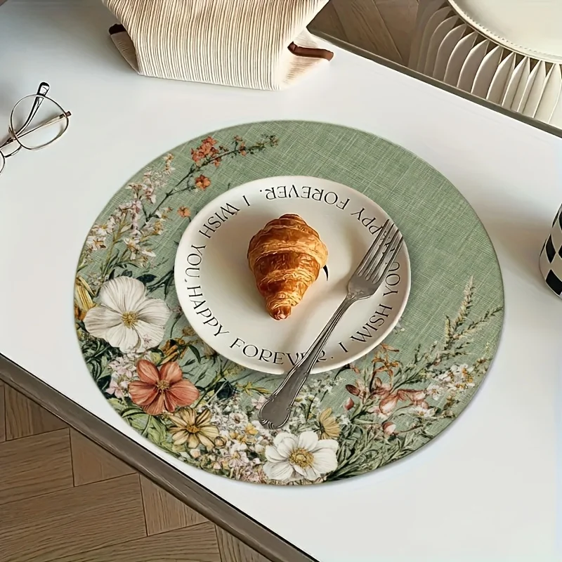 VIKAMA Green Wildflower Round Placemat Vintage Floral Table Mat Waterproof Heat Resistant Plate Pad Rustic Dining Decor