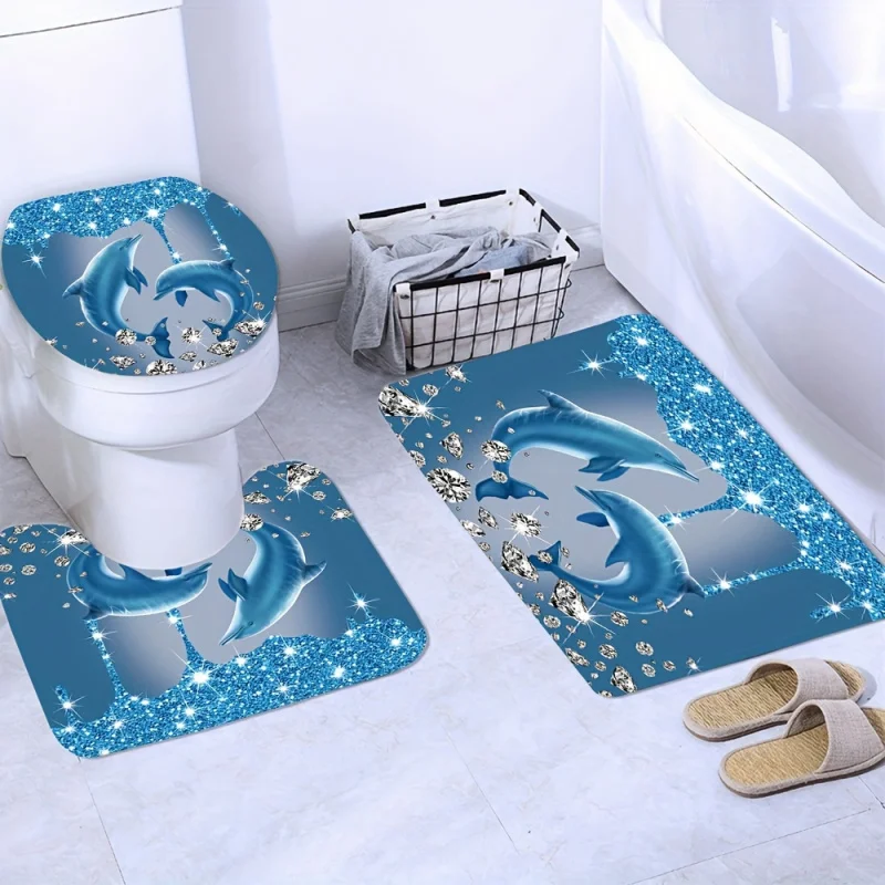 Sparkling Diamond Dolphin Print Shower Curtain Set with Hooks - Includes Non-Slip Bath Mat, U-Shaped Rug & Toilet Lid Cover - Wa