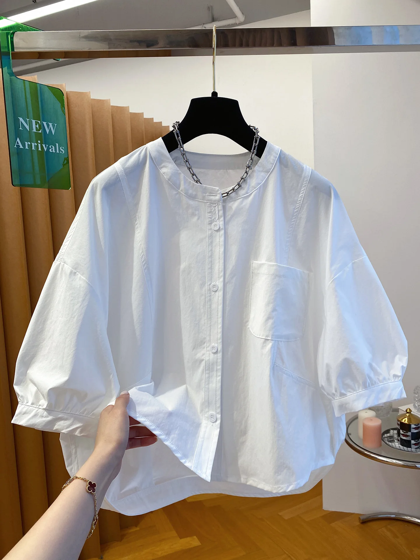 

Elegant round Neck Short Sleeve Shirt Women Loose Fit Five-Quarter Sleeve Top Comfortable Breathable Commute Style Color