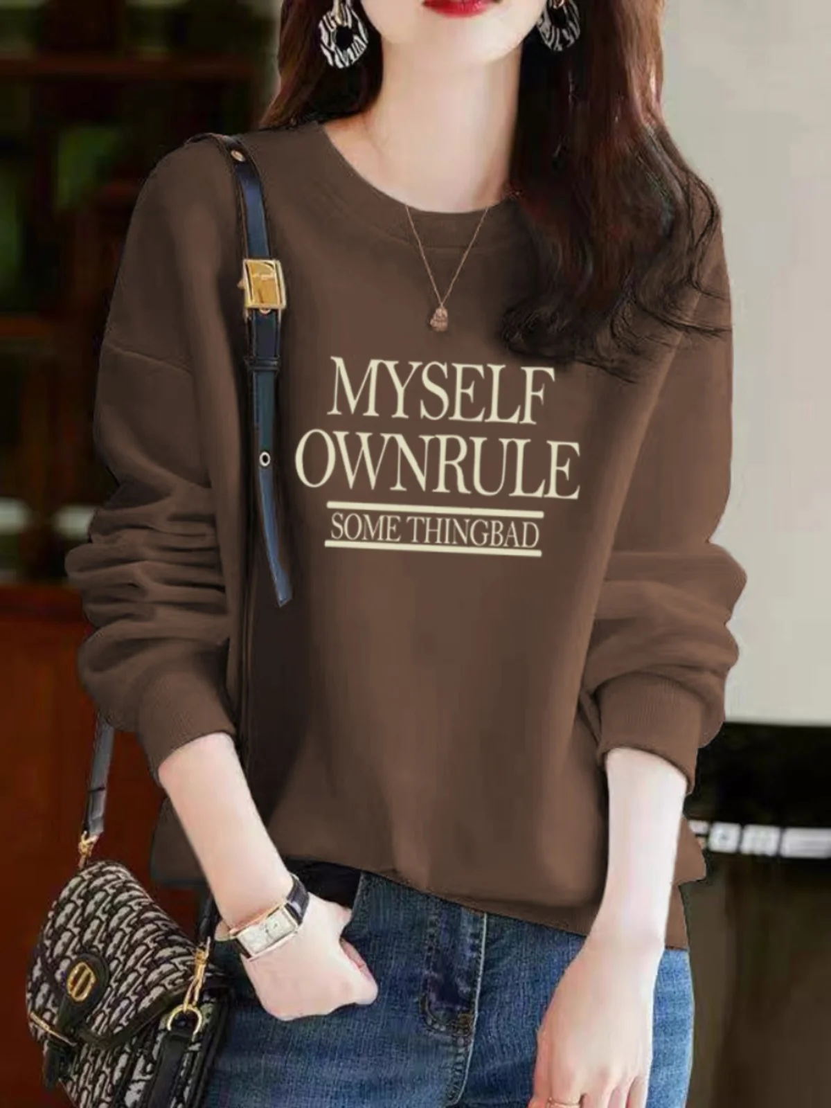 

Cafe Brown Mermaid Autumn Winter New Large Size Simple Casual Fashion Loose Letter Ladies Sweatshirt round Neck Long Sleeve C...