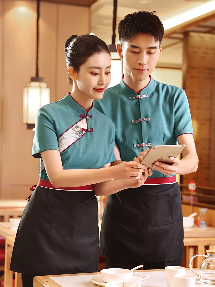 customized-hotel-waiter-shirt-and-apron-set-female-chinese-restaurant-short-sleeved-summer-traditional-blue-work-uniform-logo