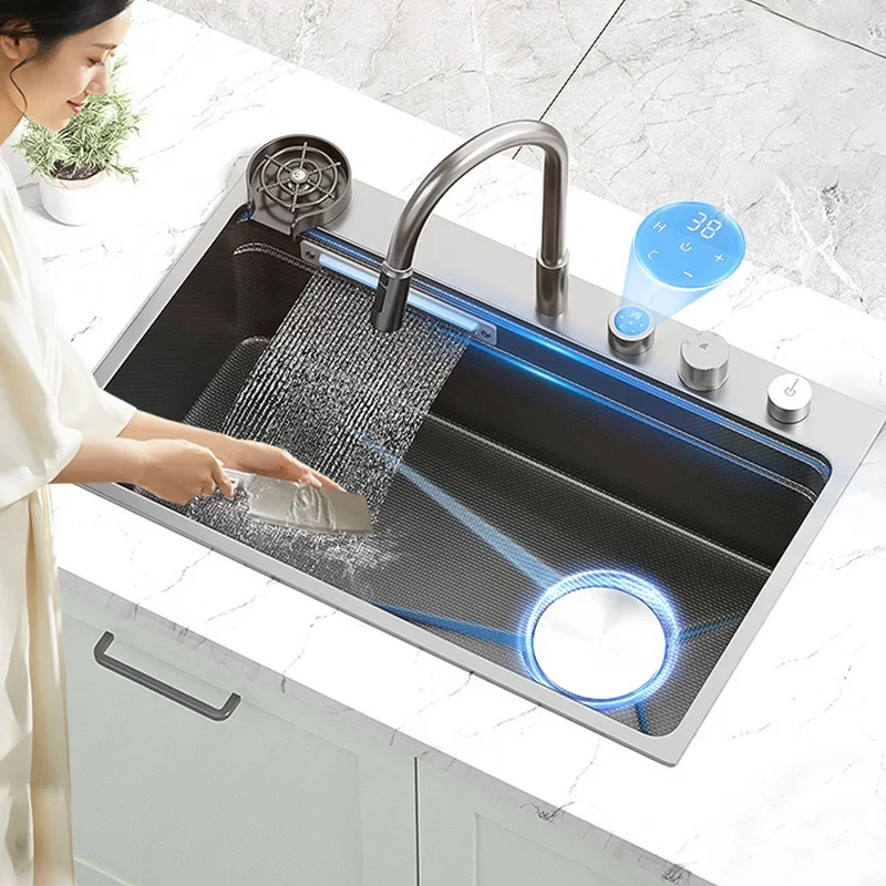 

Stainless Steel Kitchen Sink Embossed Waterfall Sink Large Single Slot Multifunction Washbasin For Kitchen Renovation